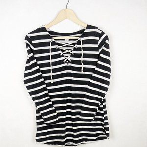 Old Navy Black White Striped Lace Up Top S